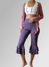 Black Ruffle Capri Pants: Bamboo Rayon Flared Yoga Pants