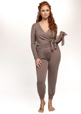 Bamboo Beige Wrap Tie Blouse Midi Tan Crop Top