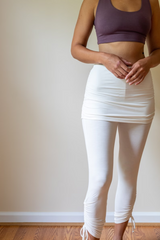 Ruched, Cinched Yoga Leggings with Mini Skirt in Amethyst