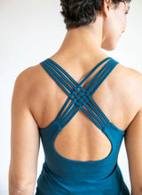 Faith Strappy Woven Lattice Back Long Yoga Tank Top with Built-In Bra in Charcoal Gray