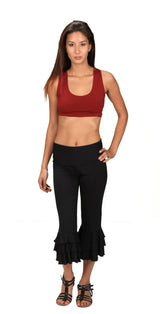 Black Ruffle Capri Pants: Bamboo Rayon Flared Yoga Pants