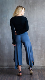Ruched Waistband, Flowy, Wide Leg, High Waist Gaucho Pants in Gray