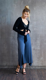 Ruched Waistband, Flowy, Wide Leg, High Waist Gaucho Pants in Gray