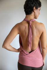 Cowl Front Backless Halter Top | Boho Rose Drape Blouse in Canyon Rose