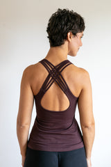 Faith Strappy Yoga Tank Top: Lattice Back, Built-in Bra in Eggplant