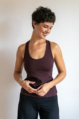 Faith Strappy Yoga Tank Top: Lattice Back, Built-in Bra in Eggplant
