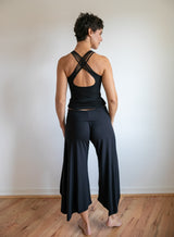 Paris Wide Leg Gaucho Pants, Flared Leg Culottes with Fold Over Waistband in Black