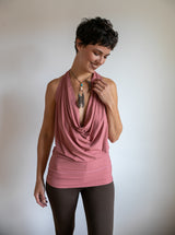 Cowl Front Backless Halter Top | Boho Rose Drape Blouse in Canyon Rose