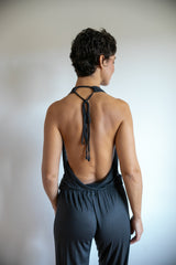 Women's One-piece Cowl Neck Halter Top Backless Yoga Jumpsuit / Romper / Onesie in Smokey Pearl