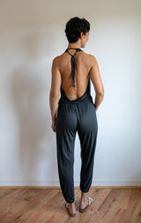 Women's One-piece Cowl Neck Halter Top Backless Yoga Jumpsuit / Romper / Onesie in Smokey Pearl