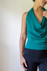 Cowl Front Backless Halter Top in Jasper Green Boho Drape Blouse