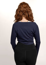 Navy Ballet Tie Top: Long Sleeve Yoga Wrap, Handmade Sustainable Shrug