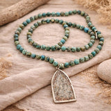 African Turquoise Antique Carved Stone Buddha Mala Beads Necklace