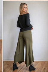 Olive Wide Leg Gaucho Pants – Fold Over Waist Boho Culottes