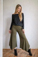 Olive Wide Leg Gaucho Pants – Fold Over Waist Boho Culottes