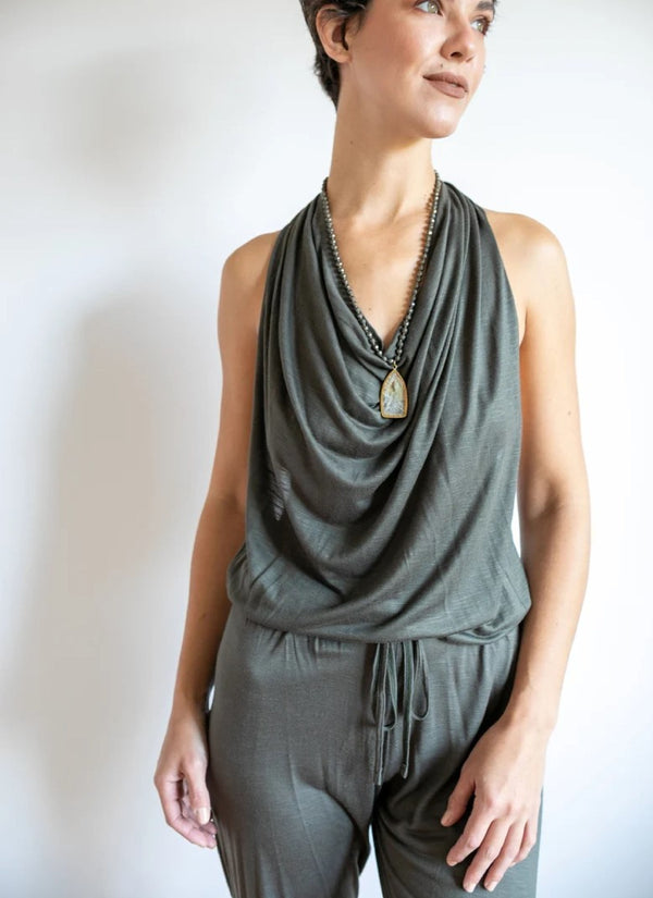 Evelina Backless Yoga Jumpsuit Onesie in Olive