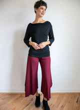 Wide Leg High Waist Gaucho Pants with Fold Over Waistband in Burgundy