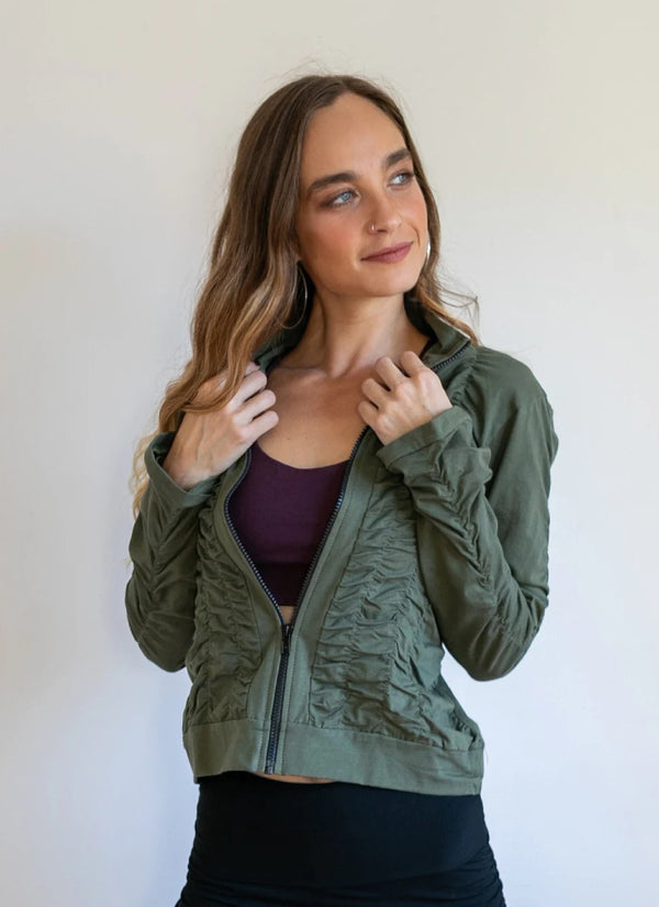 Mrs. Peacock Ruched Zip Front Jacket Olive