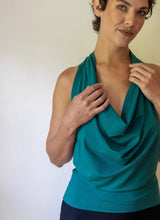 Cowl Neck Backless Halter Top in Jasper Green