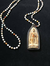 Carved Stone Buddha Pendant Antique Prayer Bead Mala Amonazite & Jasper Beaded Necklace