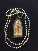 Carved Stone Buddha Pendant Antique Prayer Bead Mala Amonazite & Jasper Beaded Necklace