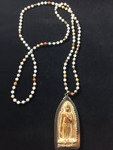 Carved Stone Buddha Pendant Antique Prayer Bead Mala Amonazite & Jasper Beaded Necklace
