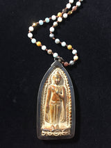 Carved Stone Buddha Pendant Antique Prayer Bead Mala Amonazite & Jasper Beaded Necklace