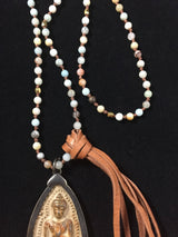 Carved Stone Buddha Prayer Beads Mala Necklace with Amonazite & Jasper Beads gift idea for him or her