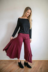 Paris Wide Leg High Waist Gaucho Pants with Fold Over Waistband in Black