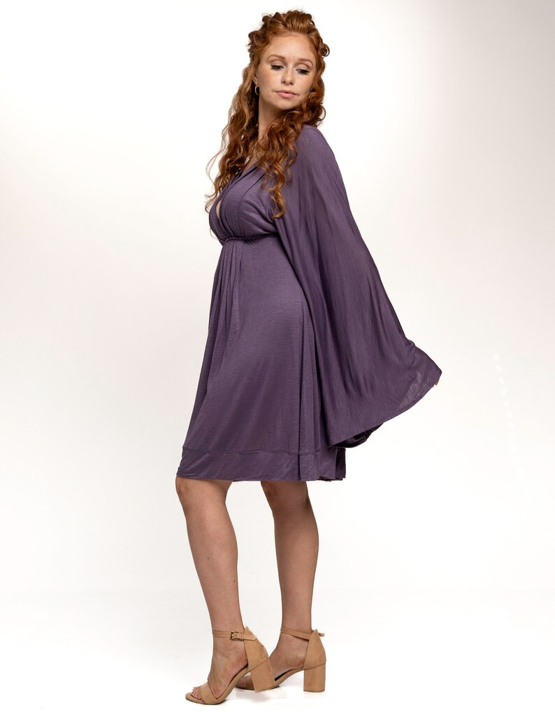 Purple Bell Sleeve Goddess Dress V-Neck Above the Knee