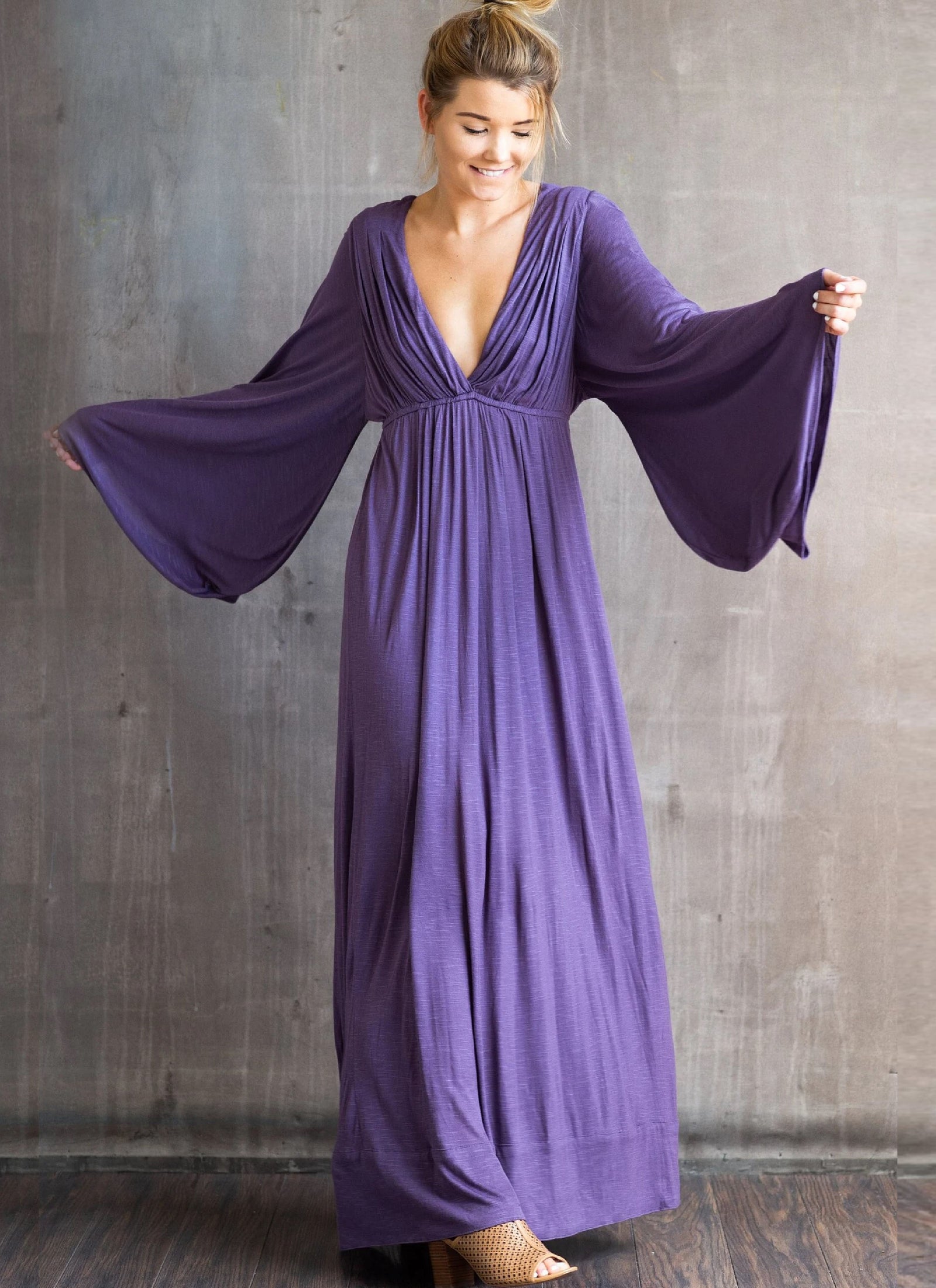 Bell Sleeve Goddess Dress – Empire Waist Boho Maxi Dress – Flowy Long Sleeve Festival Dress – Sustainable Elegant Wedding Guest Dress