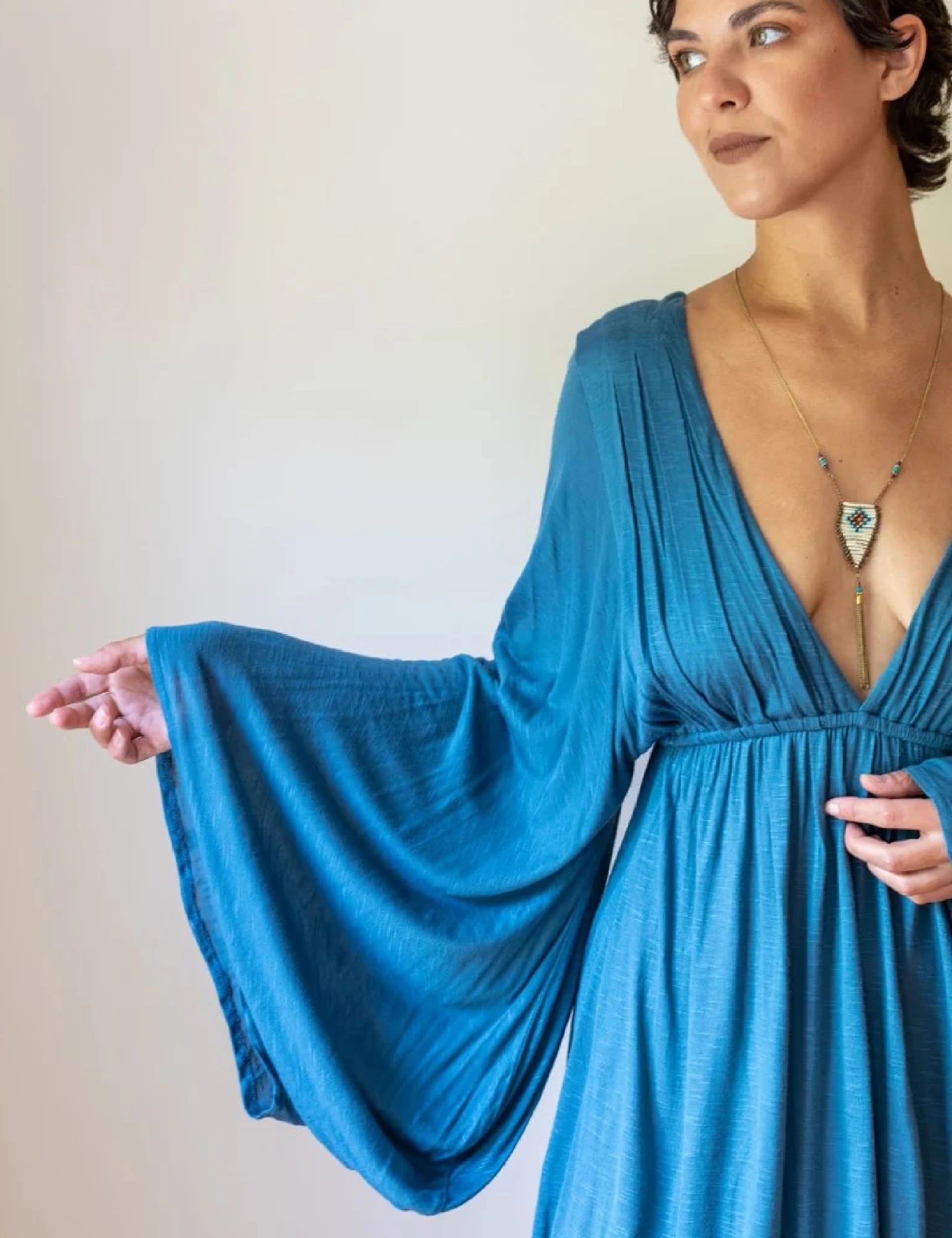 Slate Blue Bell Sleeve Dress: Boho Goddess Party Fairy Festival