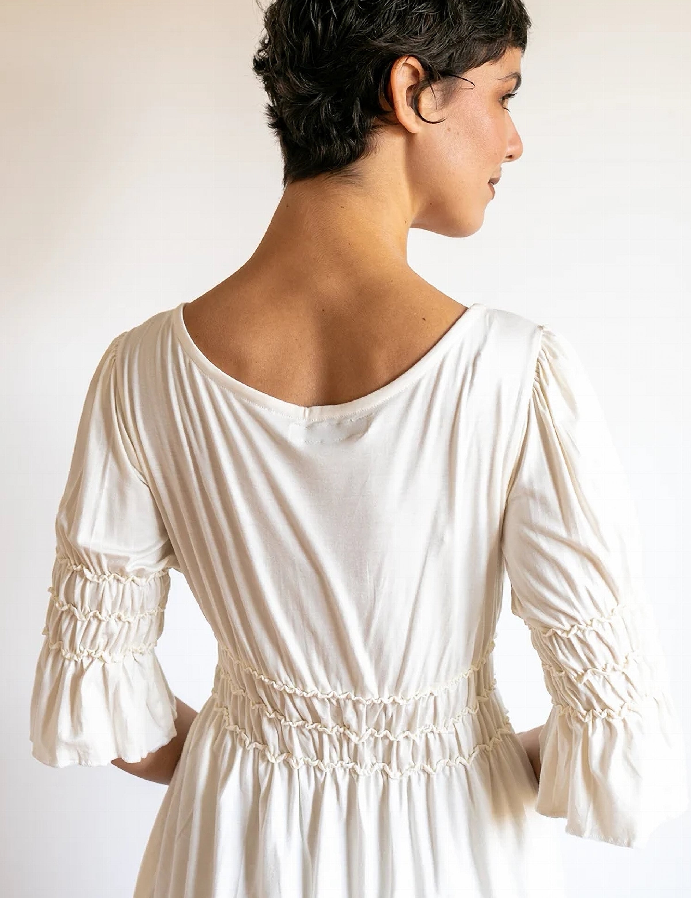 Goddess Sleeve Ruched Empire Waist Top in Cream white