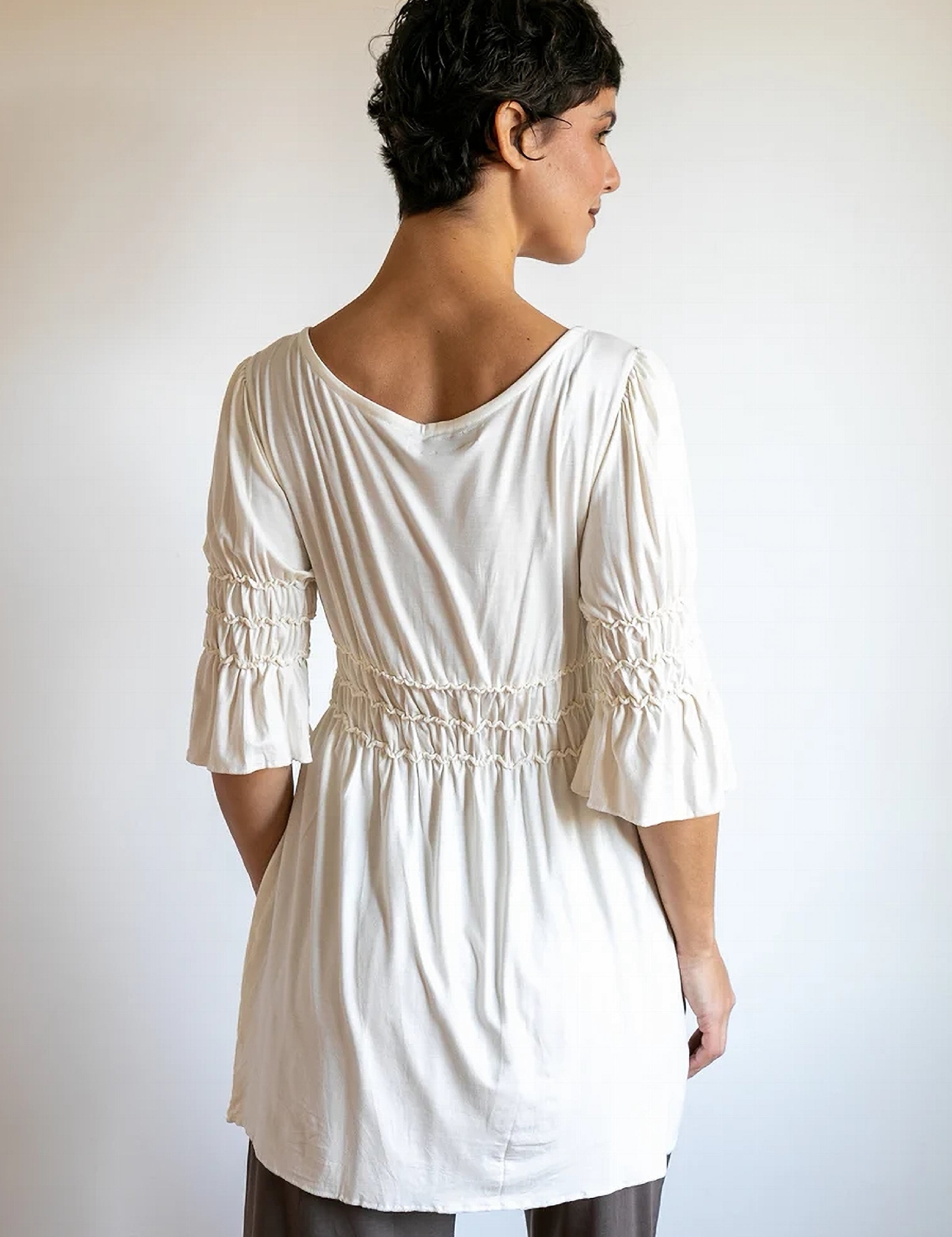 Goddess Sleeve Ruched Empire Waist Top in Cream white