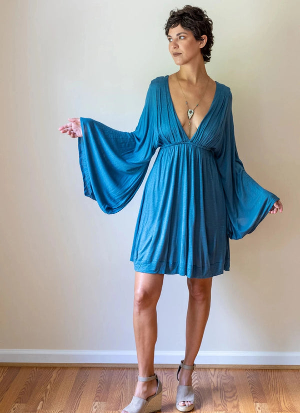 Bell Sleeve Goddess Dress Short in Slate Blue