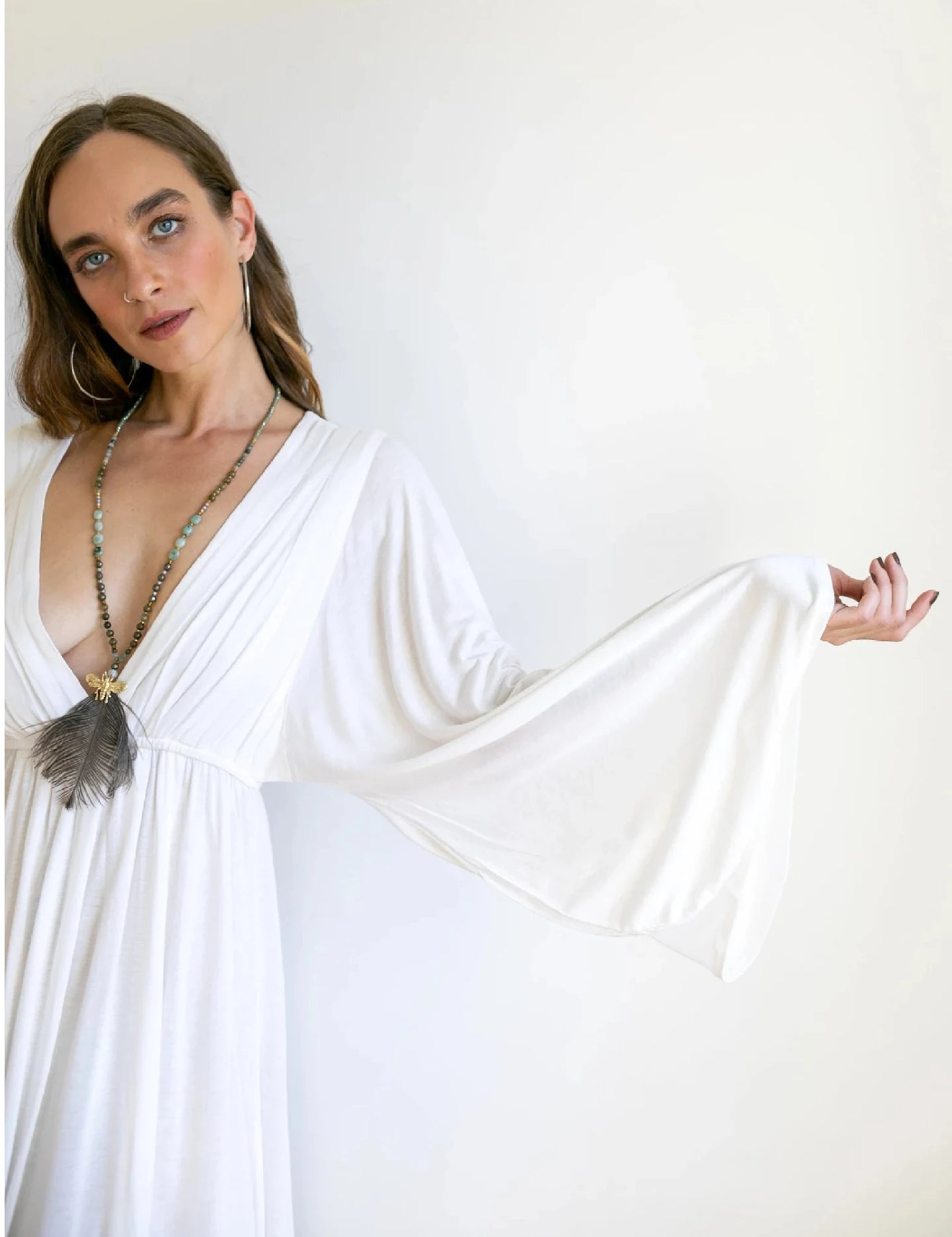 White Goddess Dress: Bamboo Bell Sleeve Boho Wedding Gown