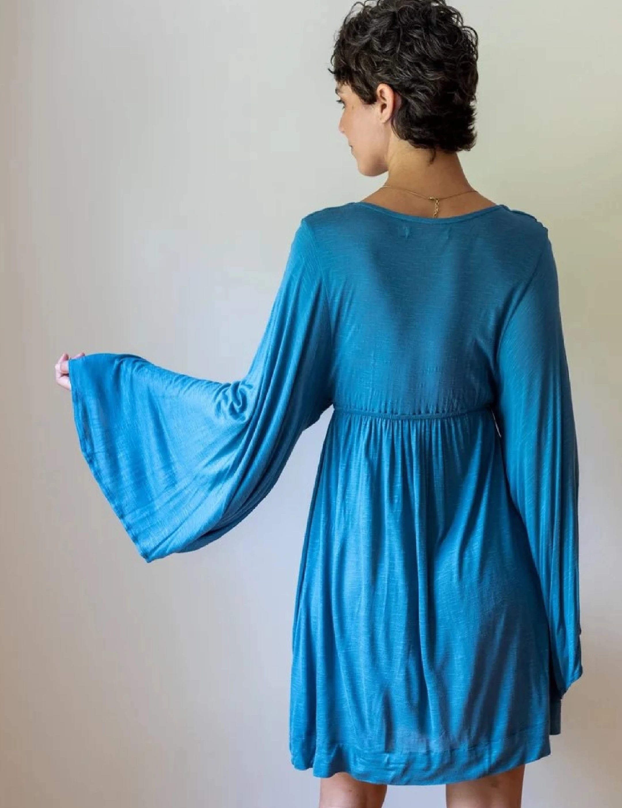Slate Blue Bell Sleeve Dress: Boho Goddess Party Fairy Festival