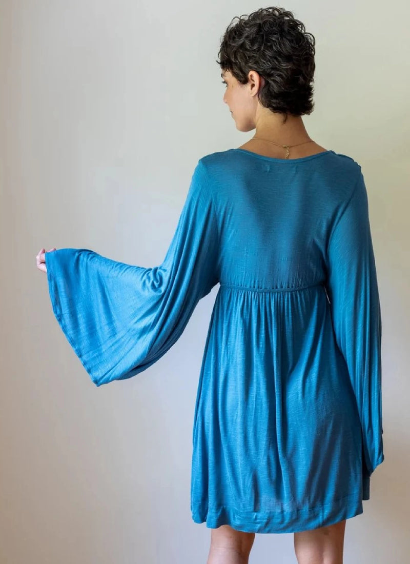 Bell Sleeve Goddess Dress Short in Slate Blue