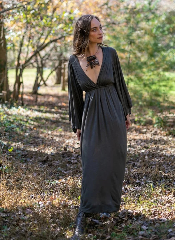 Bell Sleeve Goddess Boho Maxi Dress in Olive