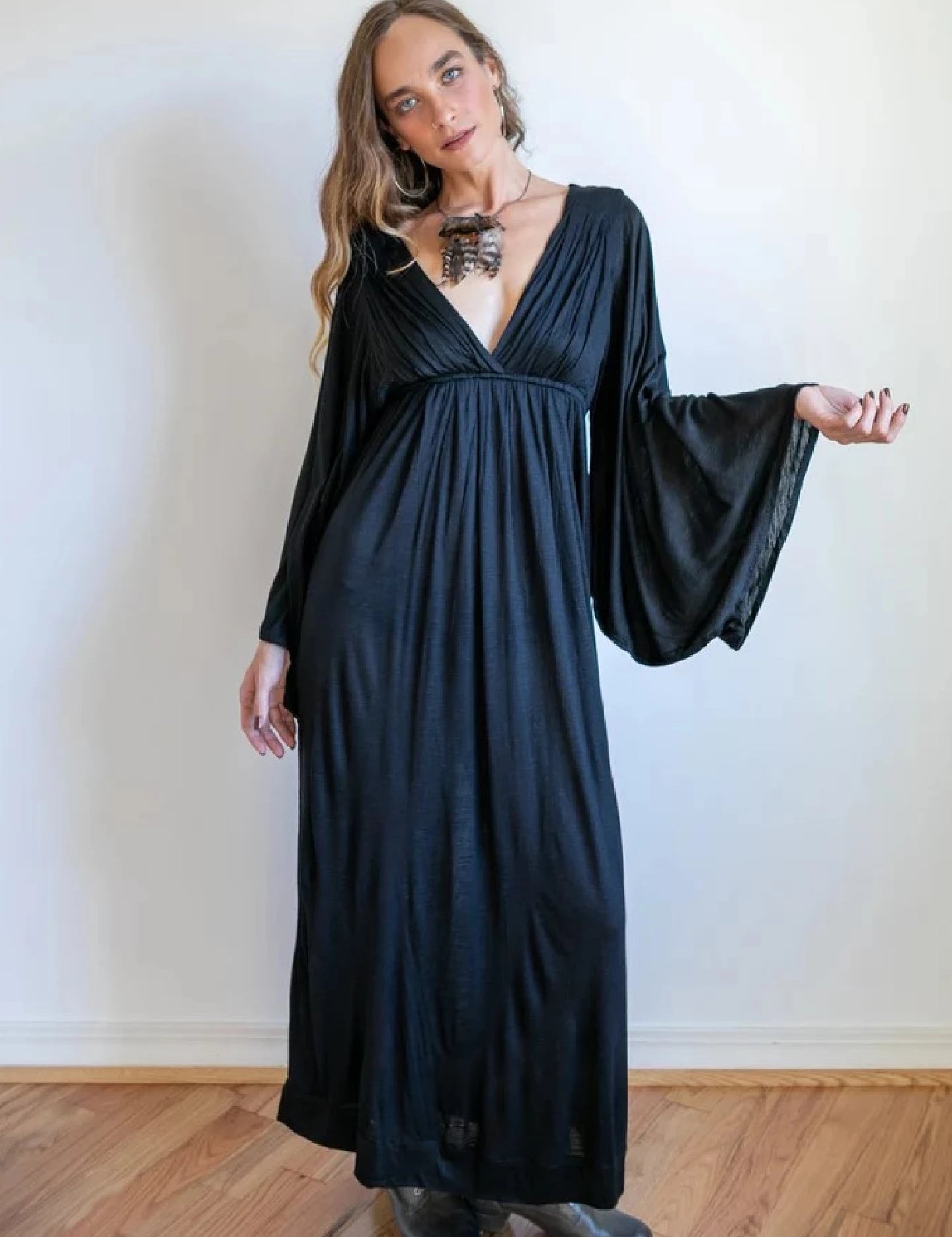 Black Bell Sleeve Maxi Dress: Boho Greek Goddess Rayon Blend