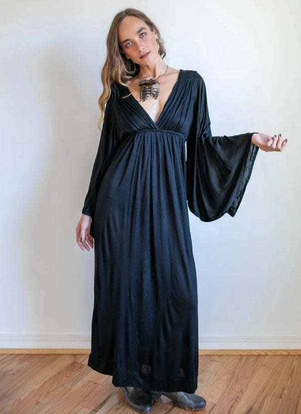 Bell Sleeve Goddess Boho Maxi Dress in Black