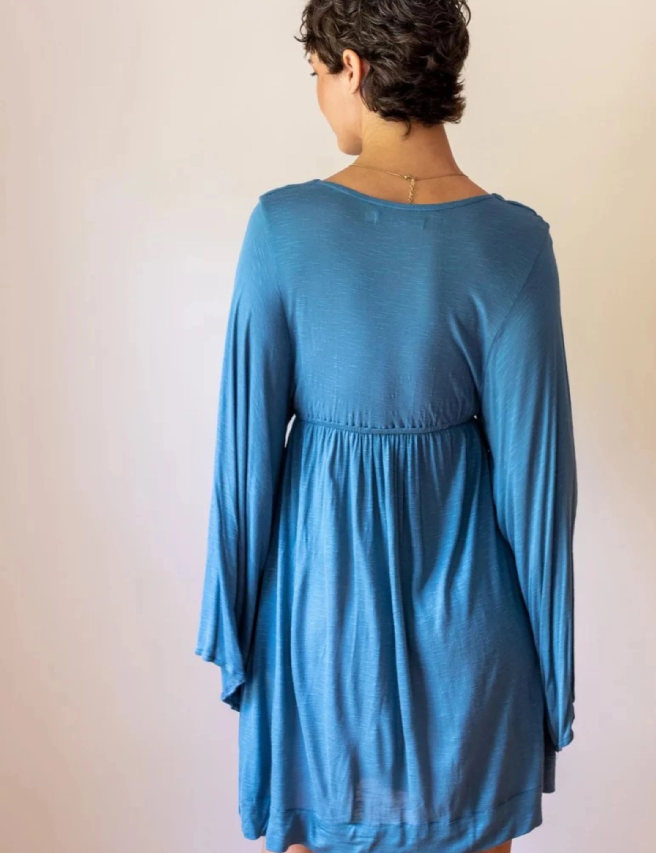 Slate Blue Bell Sleeve Dress: Boho Goddess Party Fairy Festival