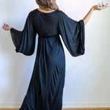 Black Bell Sleeve Maxi Dress: Boho Greek Goddess Rayon Blend