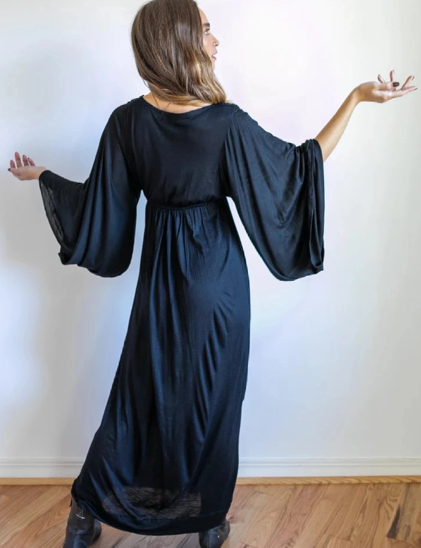 Black Bell Sleeve Maxi Dress: Boho Greek Goddess Rayon Blend