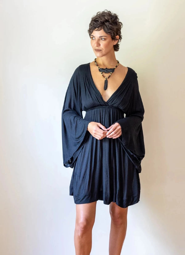 Bell Sleeve Goddess Boho Mini Dress in Black