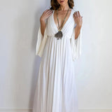 White Goddess Dress: Bamboo Bell Sleeve Boho Wedding Gown