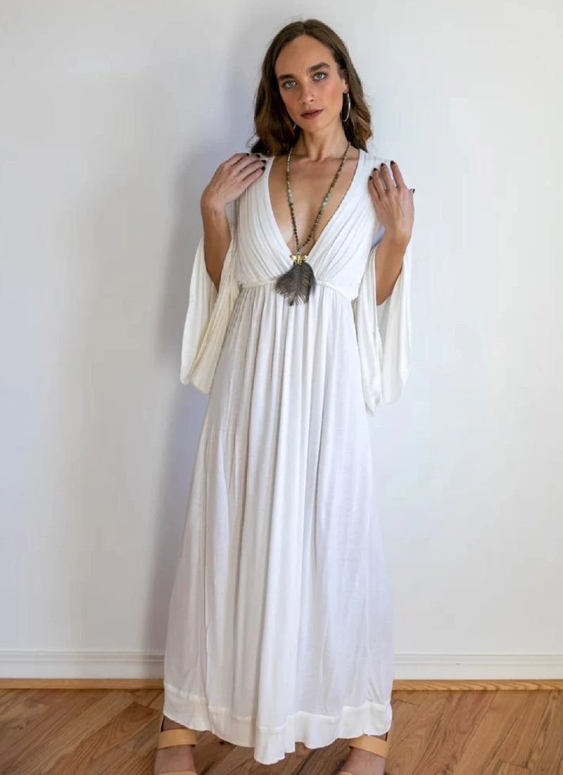 Bell Sleeve Goddess Maxi Dress in White
