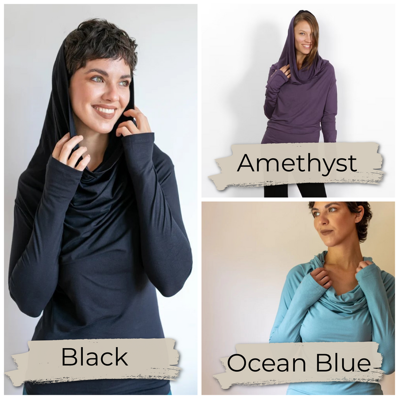 Star Cowl Neck Hoodie Shirt with Thumbholes in Black