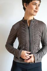 Mrs. Peacock Ruched Zip Front Jacket Eggplant