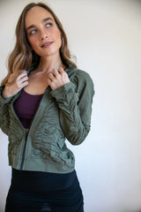 Mrs. Peacock Ruched Zip Front Jacket Indigo